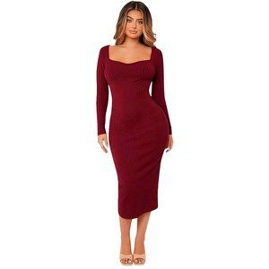 SweatyRocks Solid Rib-Knit Long Sleeve Bodycon Dress Color: Burgundy